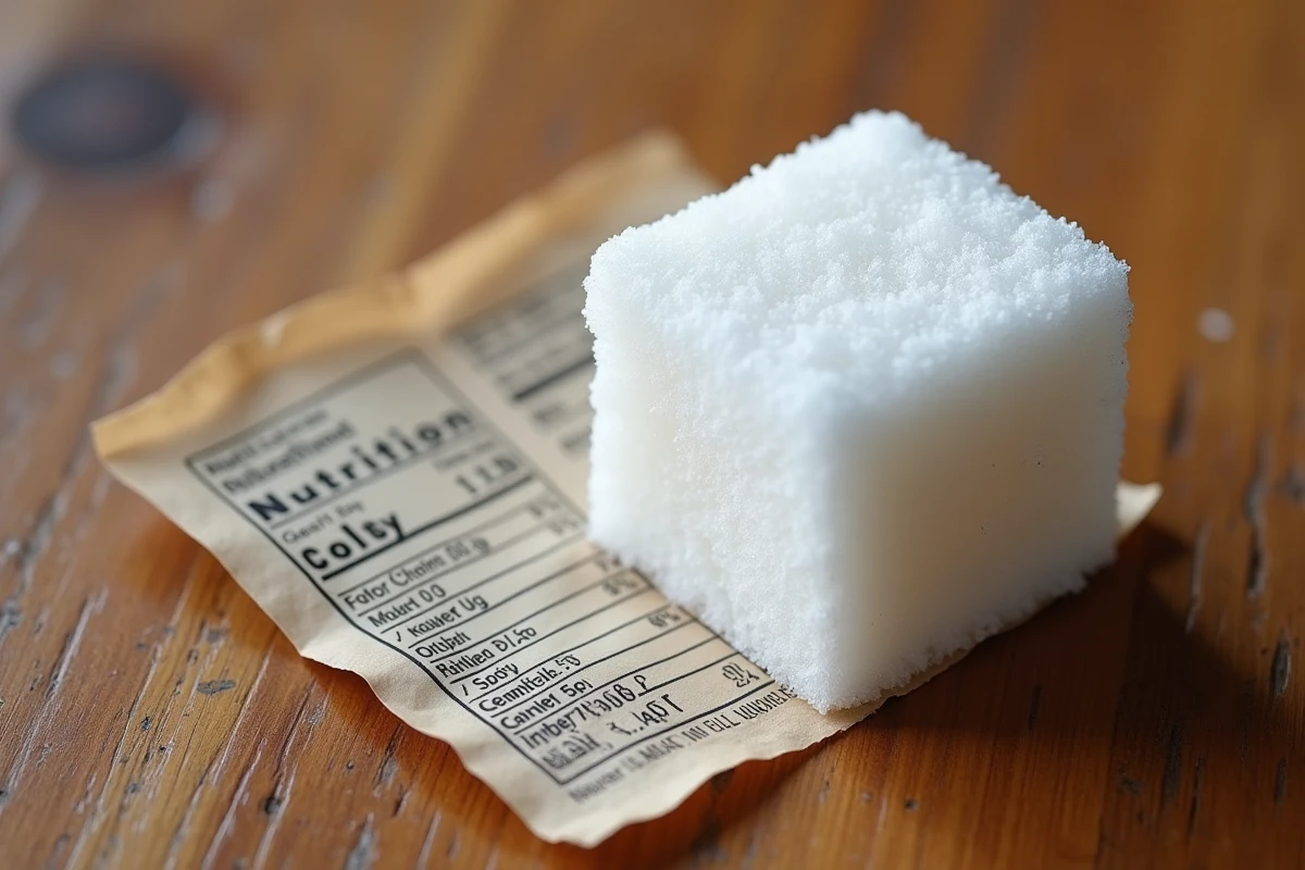 Morceau de sucre blanc posé sur une table en bois à côté d'une étiquette nutritionnelle, vue de dessus en gros plan