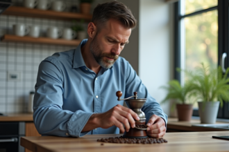 Homme d'âge moyen moulant du café avec moulin manuel