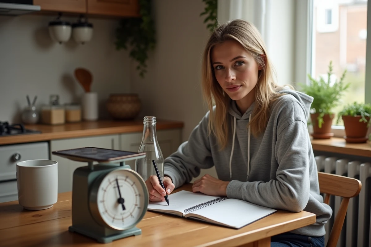 Jeune femme prenant des notes sur la conversion litre en kilogramme avec une bouteille d'eau et une balance vintage sur une table en bois
