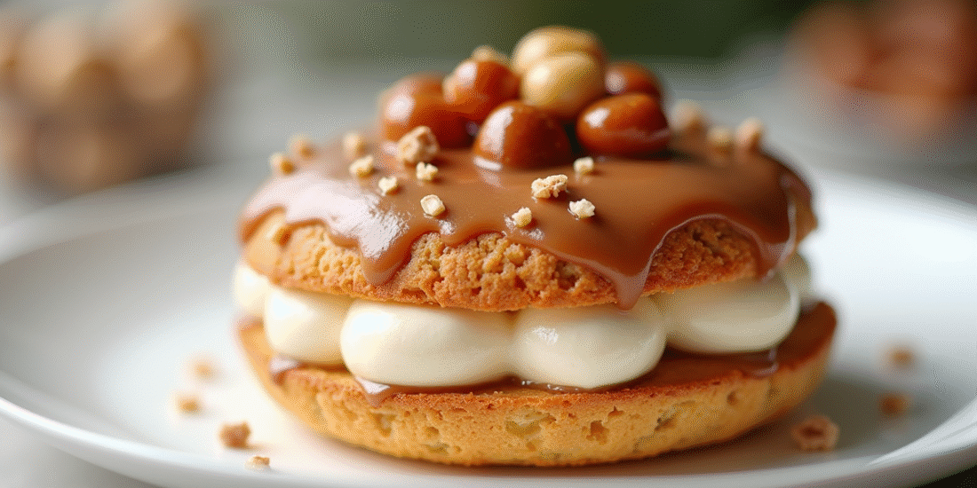 Gâteau ParisBrest avec crème pralinée brillante et noisettes