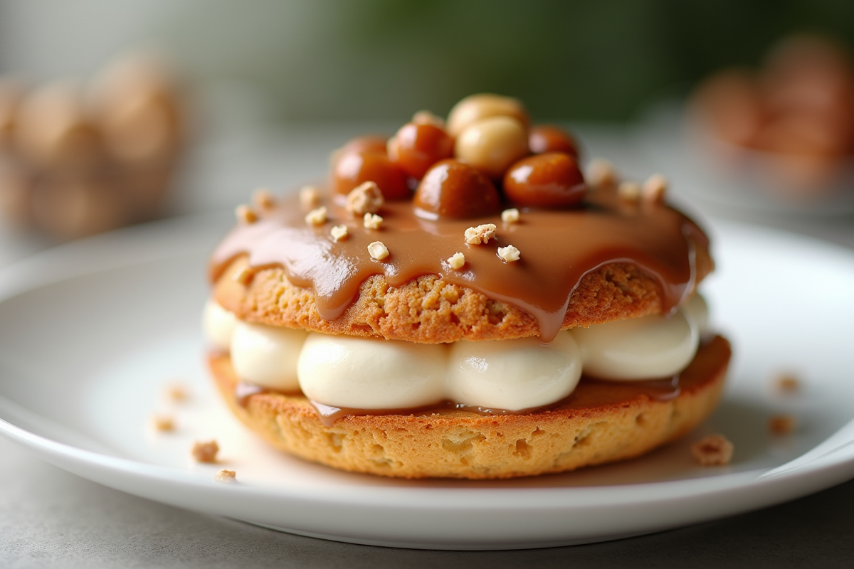 Gâteau ParisBrest avec crème pralinée brillante et noisettes