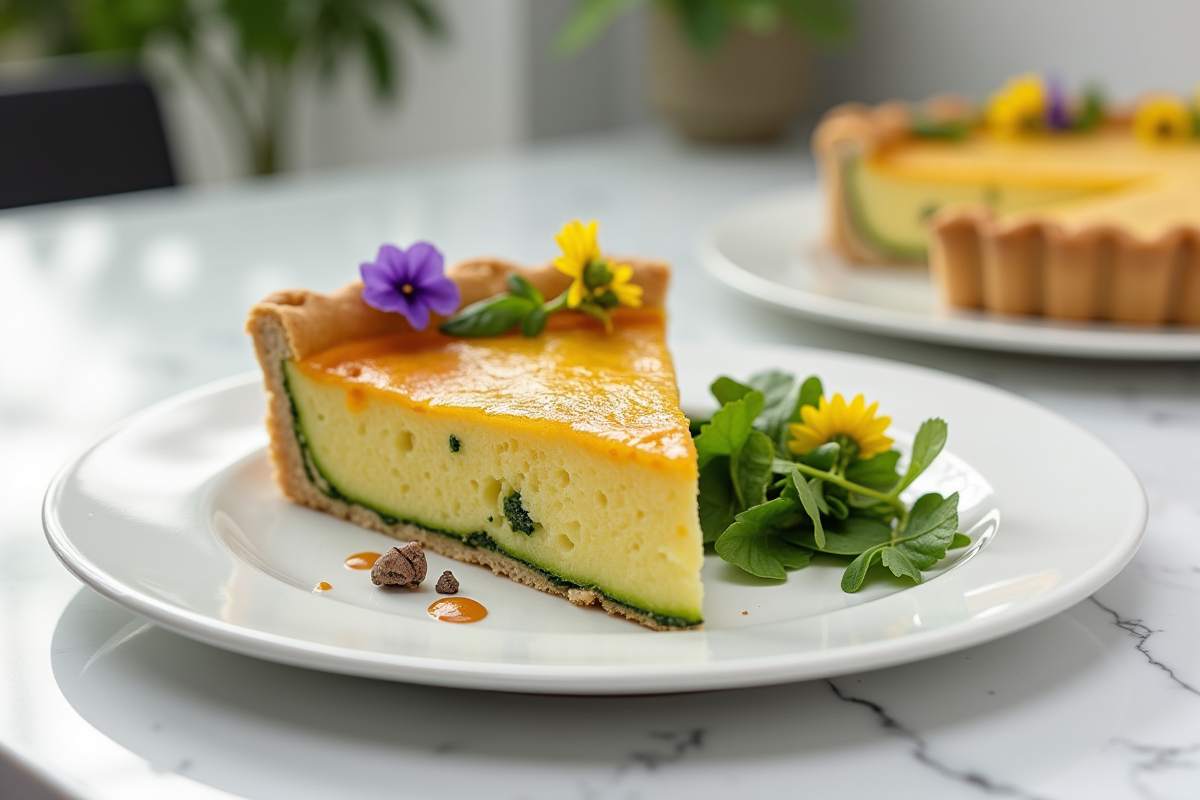 Partie de tarte aux courgettes servie sur une assiette moderne