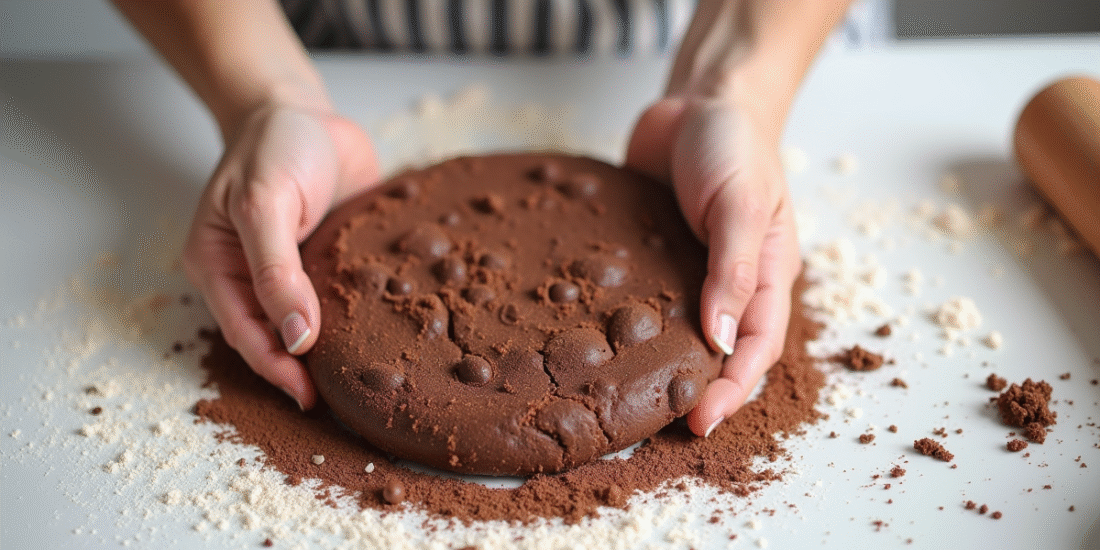 Mains préparant la pâte à craquelin au chocolat sur un plan de travail blanc