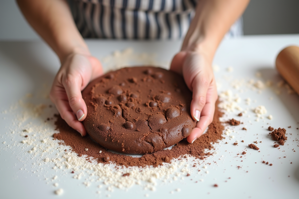 Mains préparant la pâte à craquelin au chocolat sur un plan de travail blanc