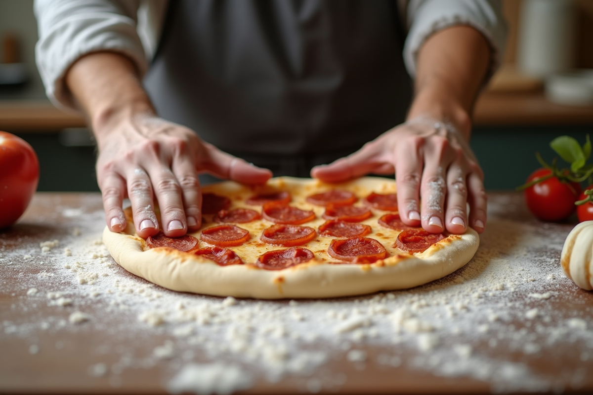 Mains d’un boulanger étirant la pâte à pizza maison