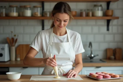 Femme française en cuisine préparant des macarons avec concentration