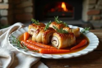 Paupiette de porc au four dorée servie avec des carottes fondantes sur un plat en céramique blanche dans une cuisine familiale rustique