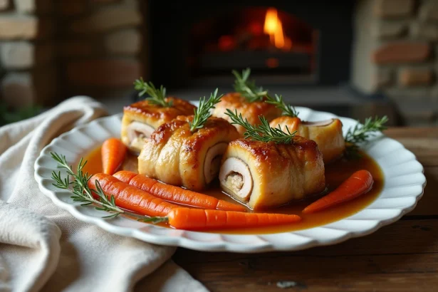 Paupiette de porc au four dorée servie avec des carottes fondantes sur un plat en céramique blanche dans une cuisine familiale rustique