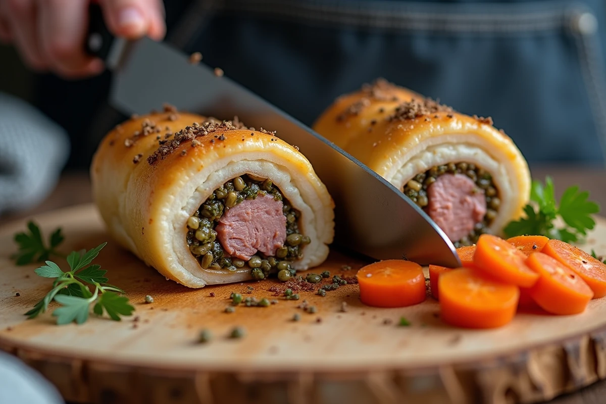 Gros plan de paupiettes de porc tranchées révélant la farce aux herbes, accompagnées de carottes fondantes sur une planche en bois