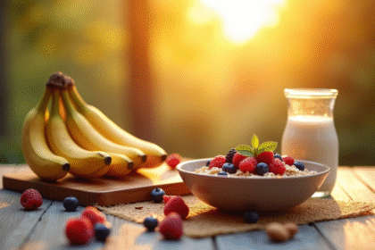Table de petit déjeuner avec bananes et fruits frais