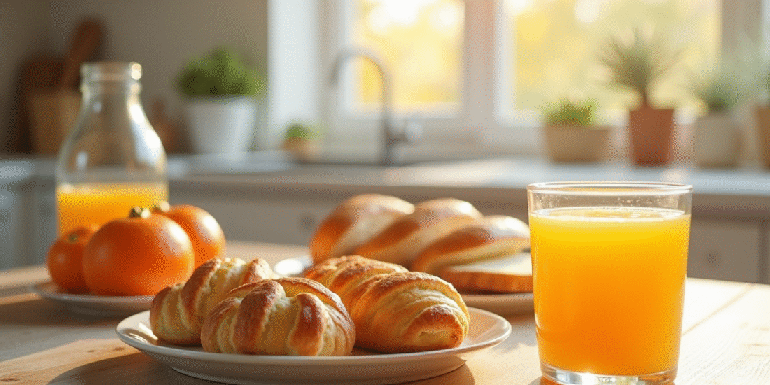 Petit déjeuner avec pâtisseries et jus d'orange sous lumière matinale