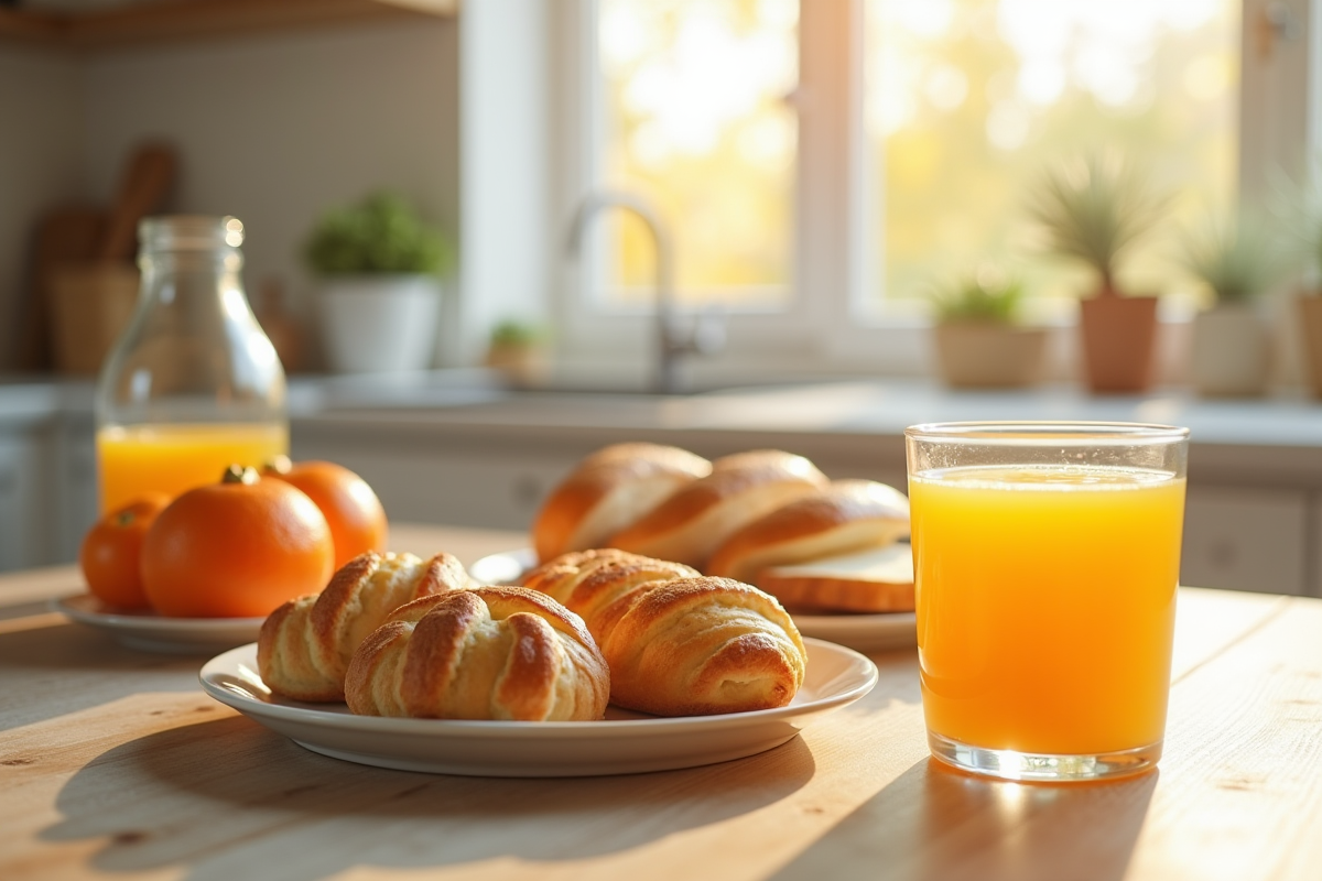 Petit déjeuner avec pâtisseries et jus d'orange sous lumière matinale