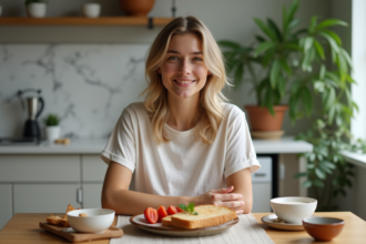 Jeune femme souriante prenant son petit déjeuner dans la cuisine
