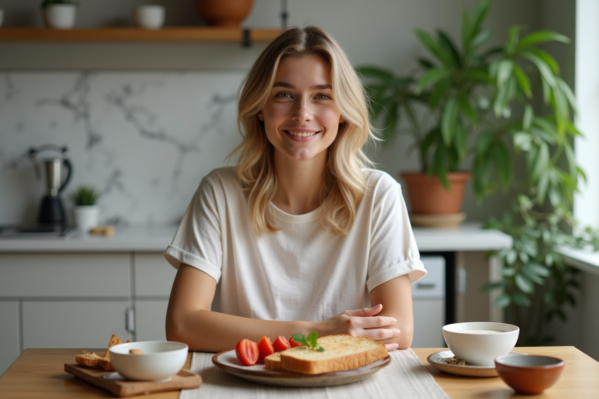 Jeune femme souriante prenant son petit déjeuner dans la cuisine