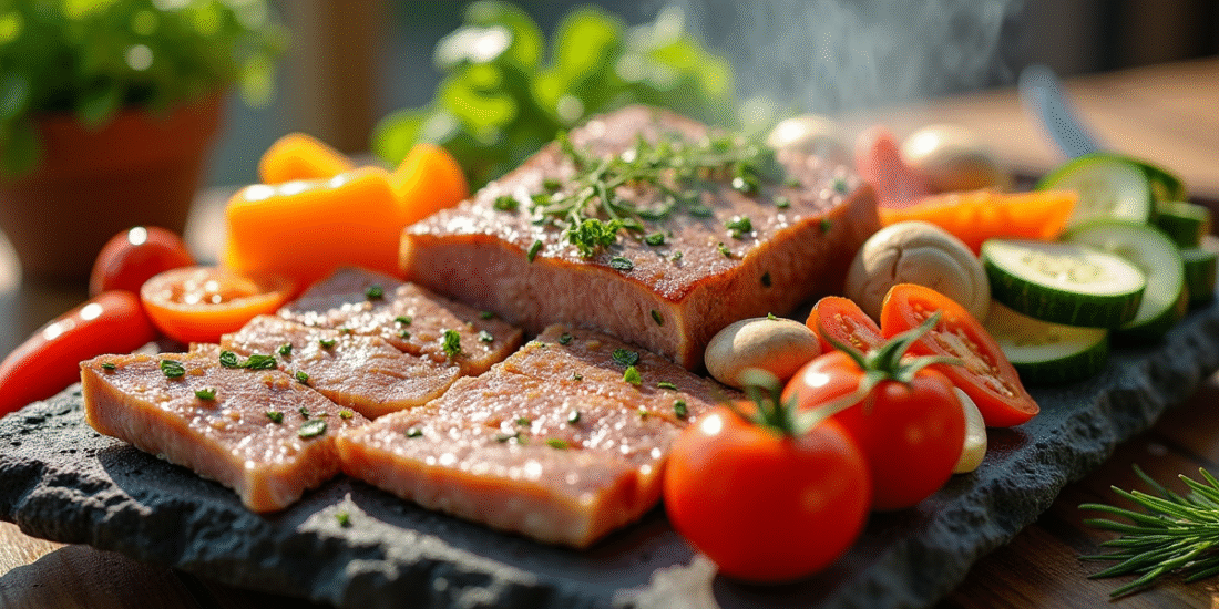 Repas pierrade avec légumes frais et viande maigre
