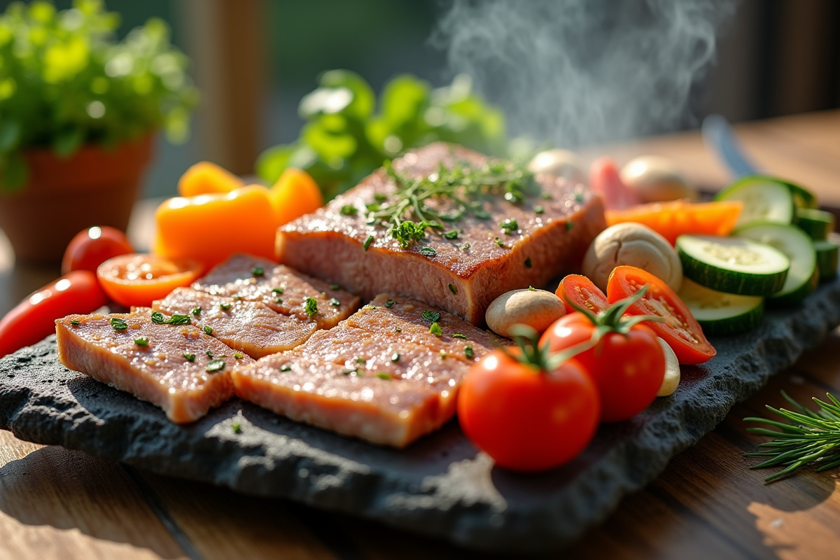 Repas pierrade avec légumes frais et viande maigre