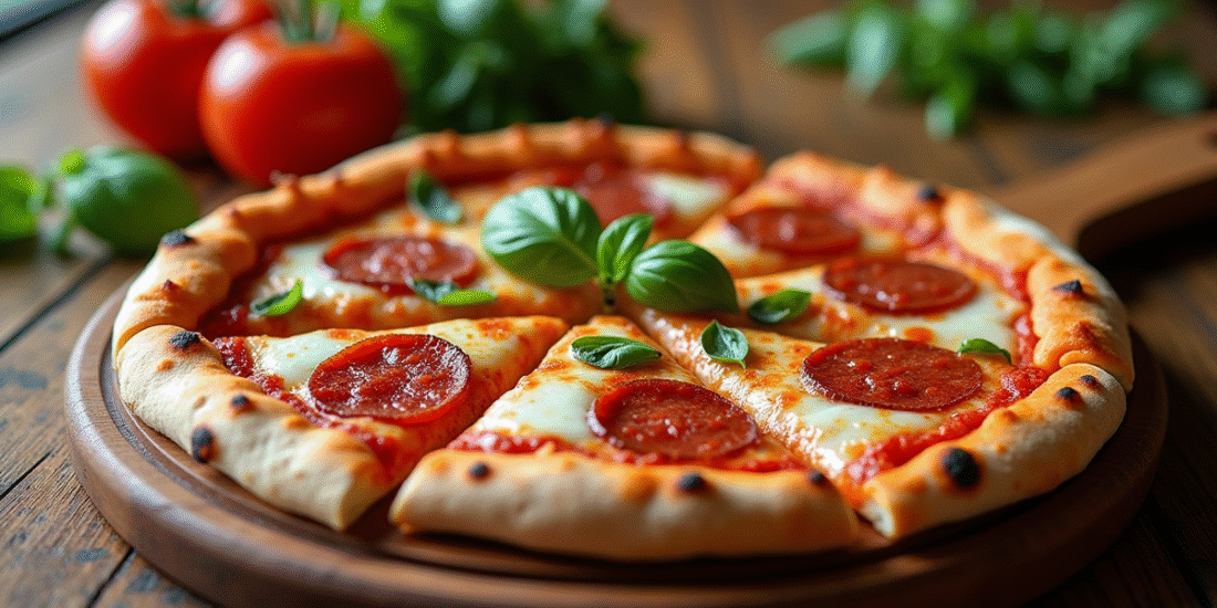 Pizza au chorizo fraîche sortie du four sur table en bois