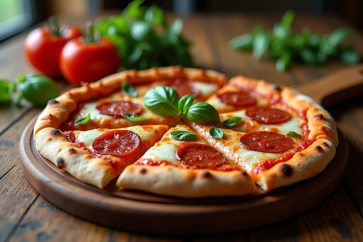 Pizza au chorizo fraîche sortie du four sur table en bois