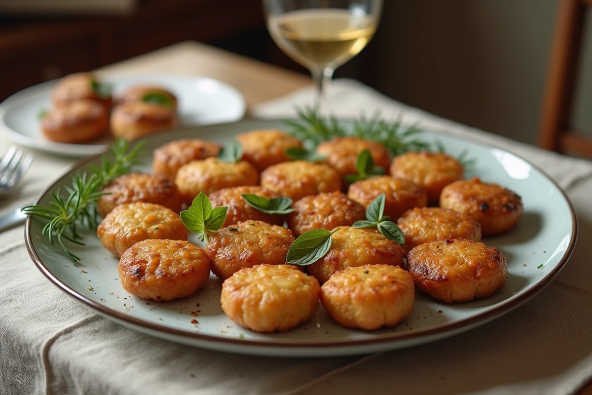 Assiette de crépinettes garnies de fines herbes sur table