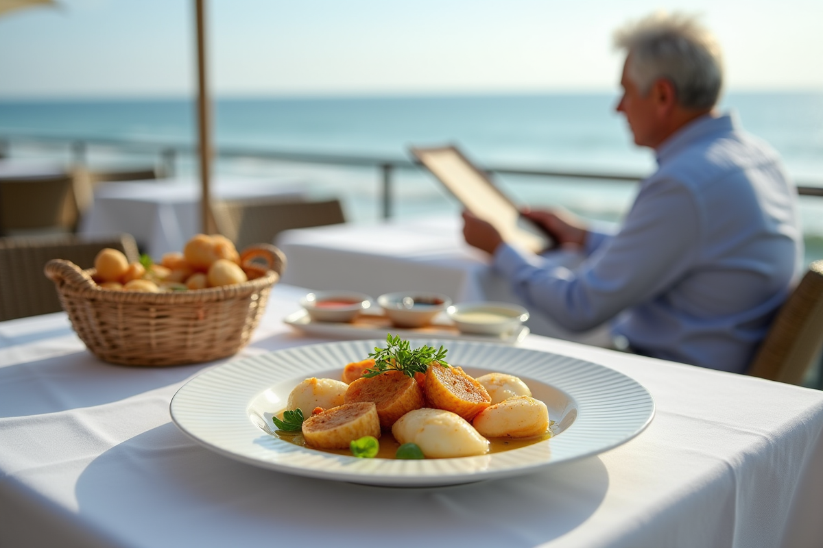 Assiette de coquilles saintjacques sur une table de bord de mer