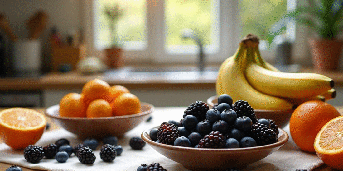 Plateau de fruits frais sur plan de travail en bois