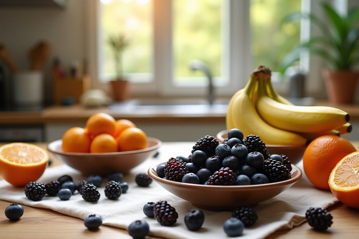 Plateau de fruits frais sur plan de travail en bois