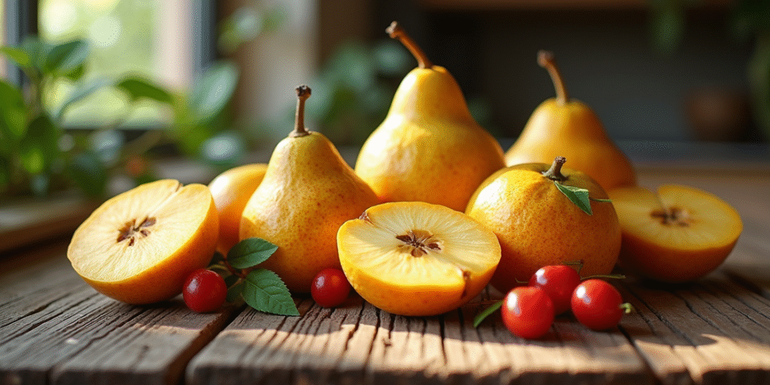 Table rustique avec fruits rares comme coing et cerise Queen Anne