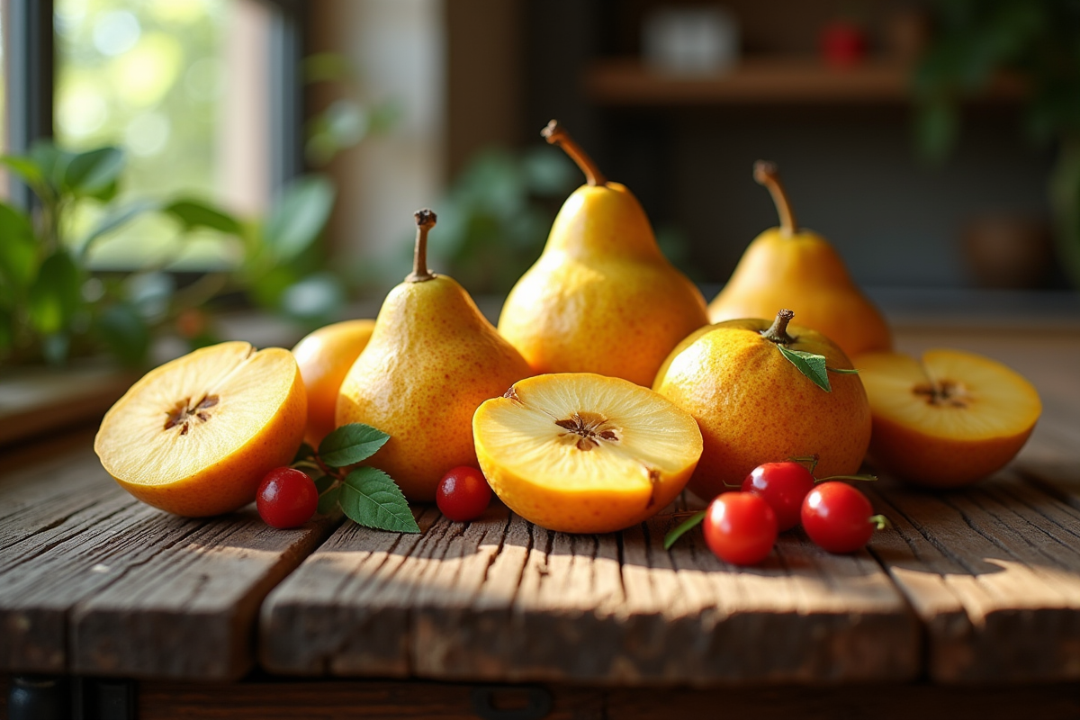 Table rustique avec fruits rares comme coing et cerise Queen Anne