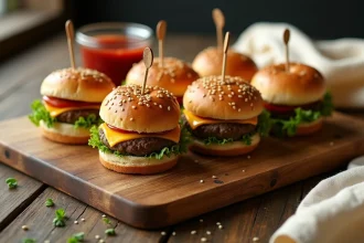Plateau en bois rustique avec six mini hamburgers apéro garnis de cheddar fondu, laitue et tomate, présentés sur une table en chêne