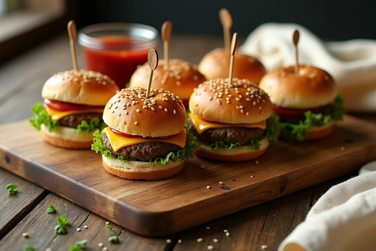 Plateau en bois rustique avec six mini hamburgers apéro garnis de cheddar fondu, laitue et tomate, présentés sur une table en chêne