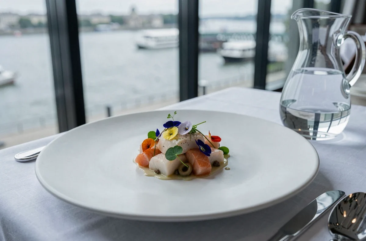 Assiette gastronomique raffinée du restaurant Plénitude au Cheval Blanc Paris, avec dressage précis et vue sur la Seine
