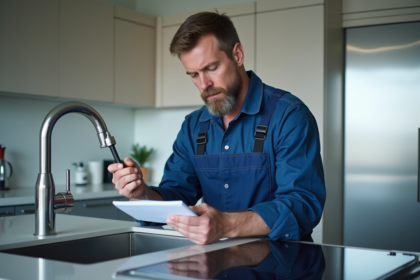 Plombier homme en uniforme examine siphon cuisine moderne
