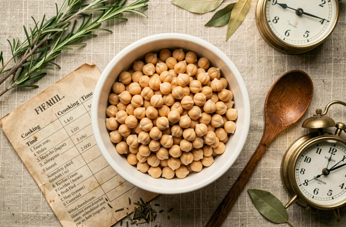 Vue aérienne de pois chiches cuits dans un bol blanc avec tableau de temps de cuisson et herbes séchées