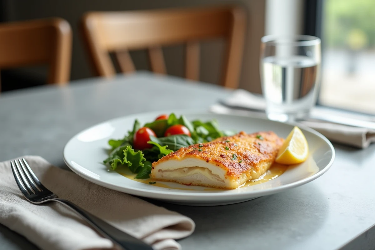 Portion d'escalope de poulet gratiné dressée dans une assiette blanche avec salade verte et tomates cerises sur table en béton gris