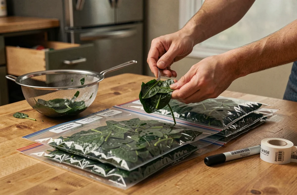 Portionnement d'épinards cuits dans des sacs de congélation étiquetés sur une table en bois de cuisine