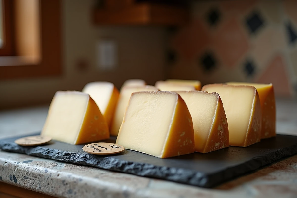 Portions de Beaufort sur une ardoise avec étiquette de prix au kilogramme