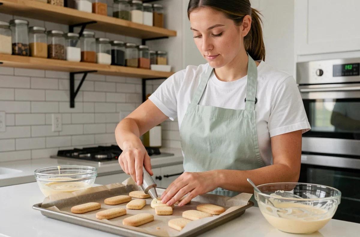 Femme en tablier vert sauge pochant la pâte à biscuits cuillère sur une plaque recouverte de papier sulfurisé dans une cuisine moderne