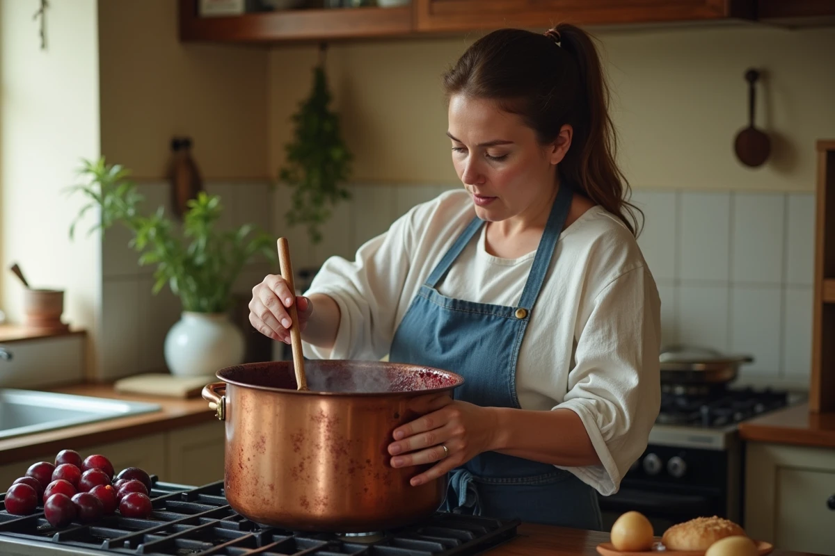 Femme qui prépare de la confiture de prunes dans une grande casserole en cuivre sur une cuisinière à gaz dans une cuisine rustique