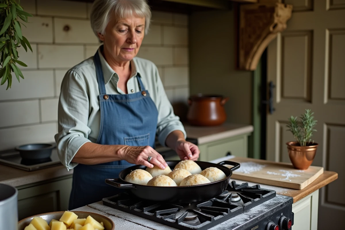 Cuisinière préparant des crépinettes de porc maison en les déposant dans une poêle en fonte sur une cuisinière à gaz vintage dans une cuisine rustique française