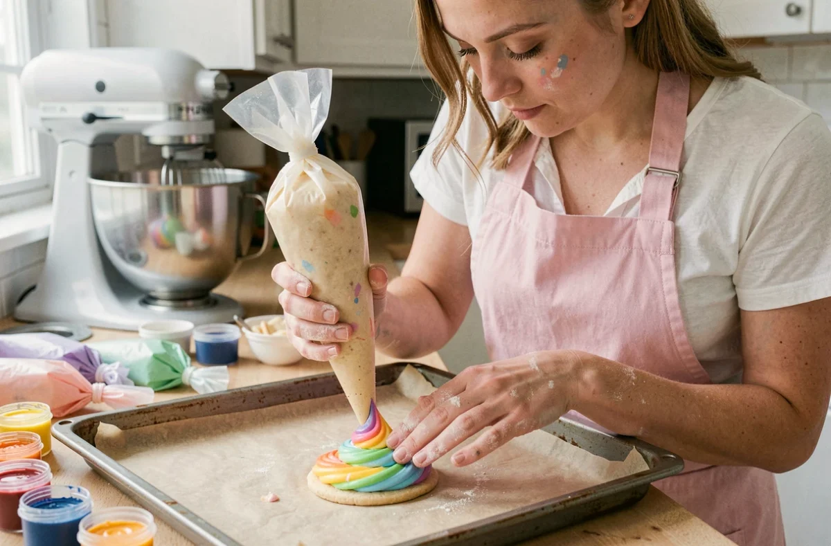 Femme en tablier rose pochant des crottes de licorne en meringue multicolore sur une plaque de cuisson dans une cuisine moderne