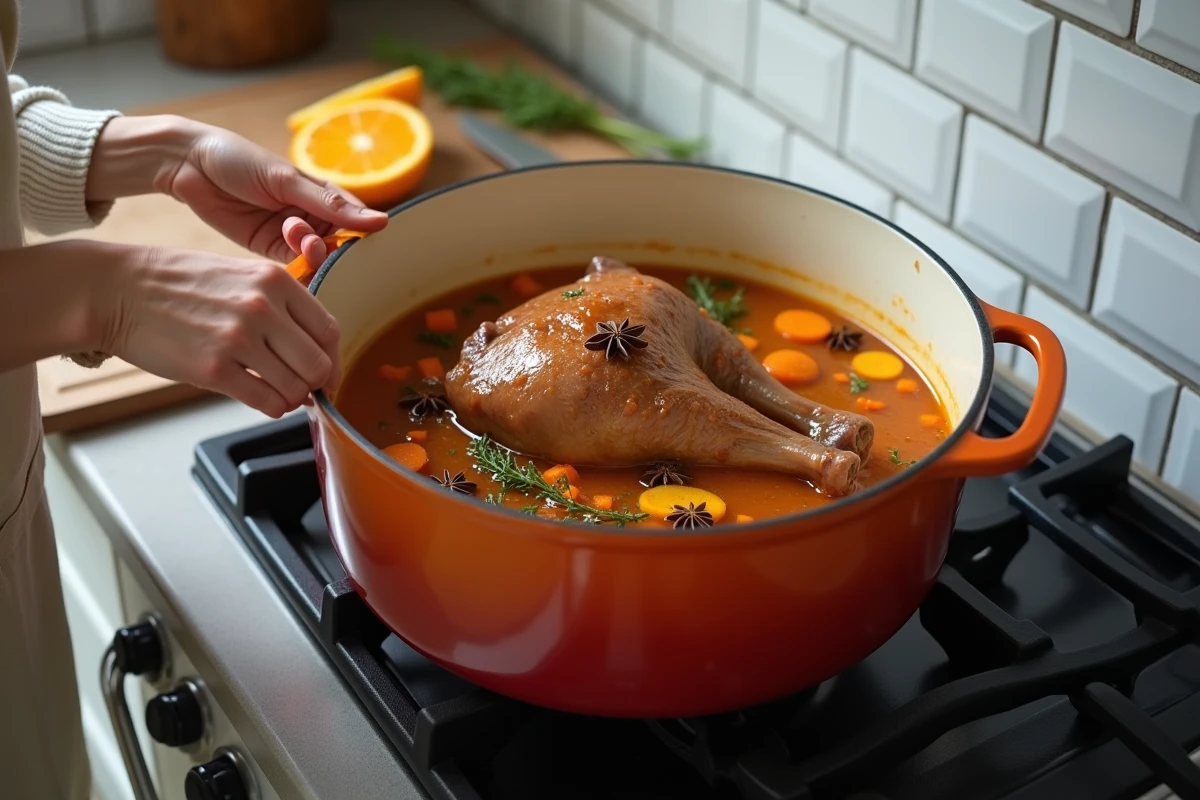 Cuisinier à domicile préparant des cuisses de canard à l'orange en cocotte émaillée sur une cuisinière à gaz dans une cuisine moderne