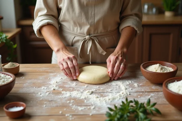 Femme préparant des feuilles de brick sans gluten sur un plan de travail en bois avec de la farine de riz et de tapioca