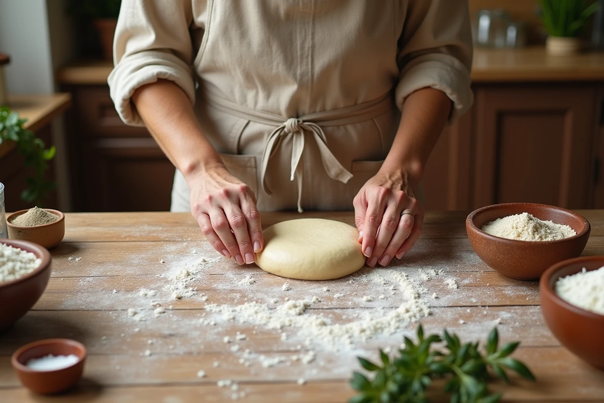 Femme préparant des feuilles de brick sans gluten sur un plan de travail en bois avec de la farine de riz et de tapioca