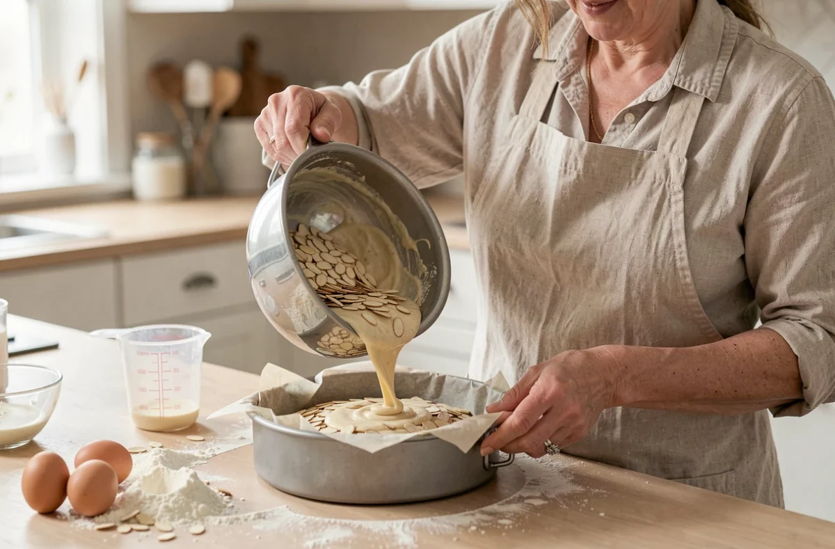 Femme versant la pâte d'un gâteau aux amandes depuis le bol d'un robot pâtissier dans un moule à cake, ingrédients éparpillés sur le plan de travail