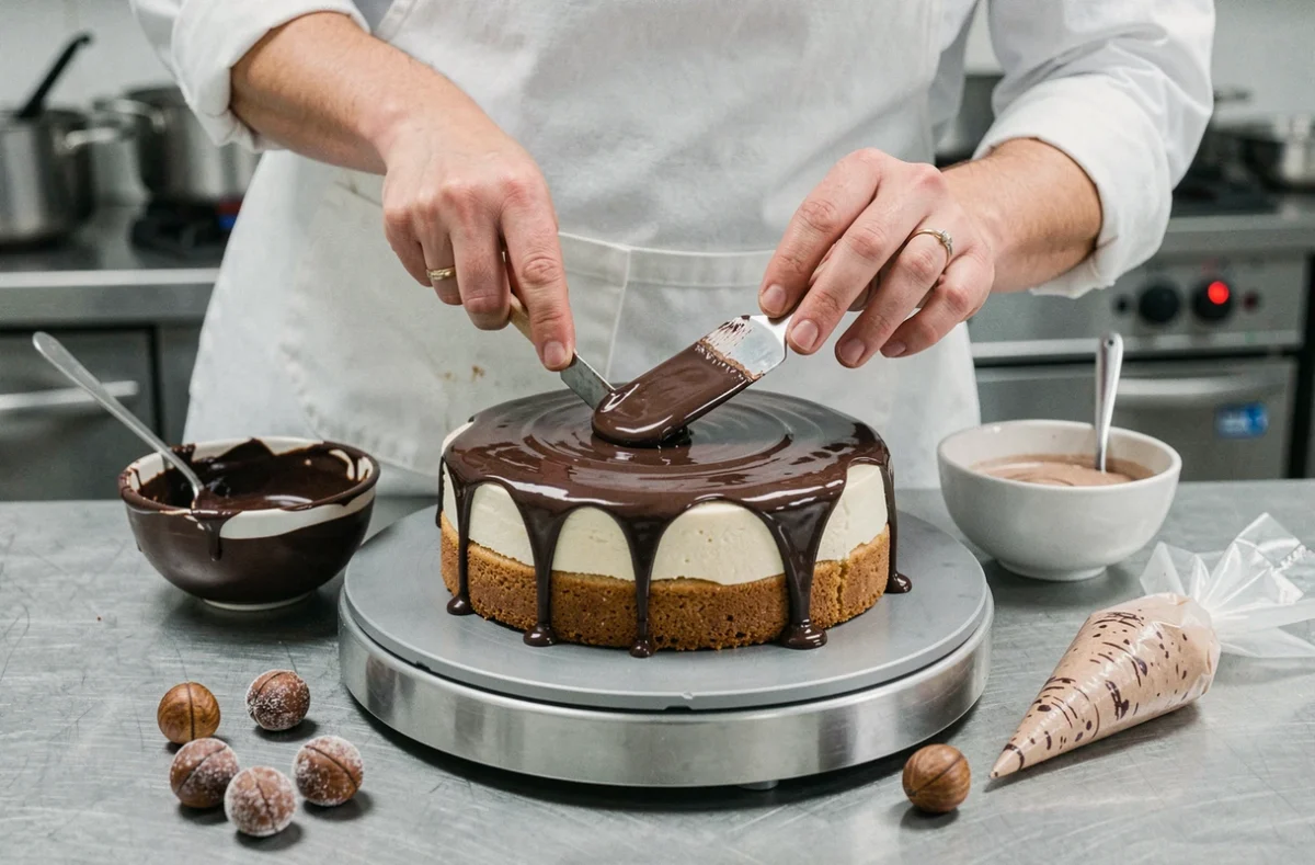 Mains de pâtissier étalant un glaçage au chocolat sur un gâteau à la crème de marrons en cours de préparation