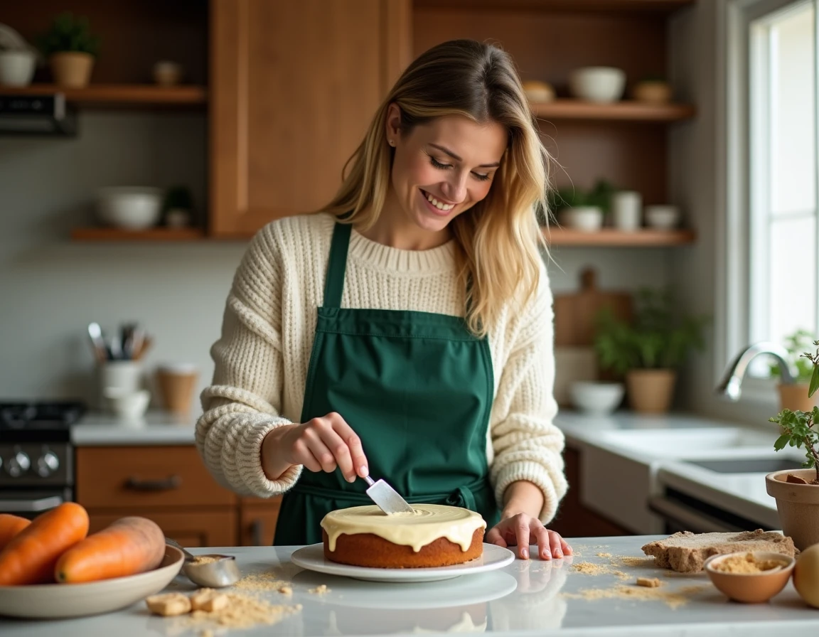 Femme préparant un gâteau à la patate douce festif dans une cuisine moderne avec des épices de Noël et un glaçage crème
