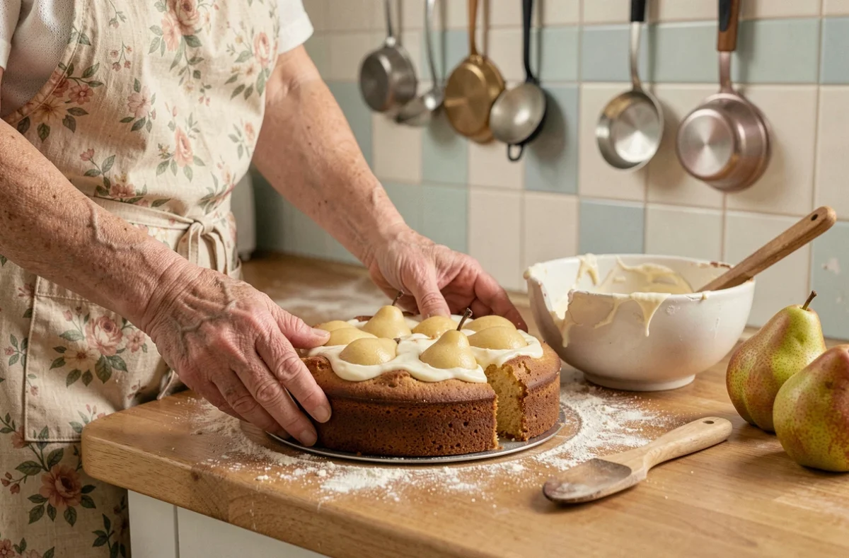 Mains d'une femme âgée en tablier fleuri déposant un gâteau poire yaourt fait maison sur un plan de travail de cuisine traditionnelle