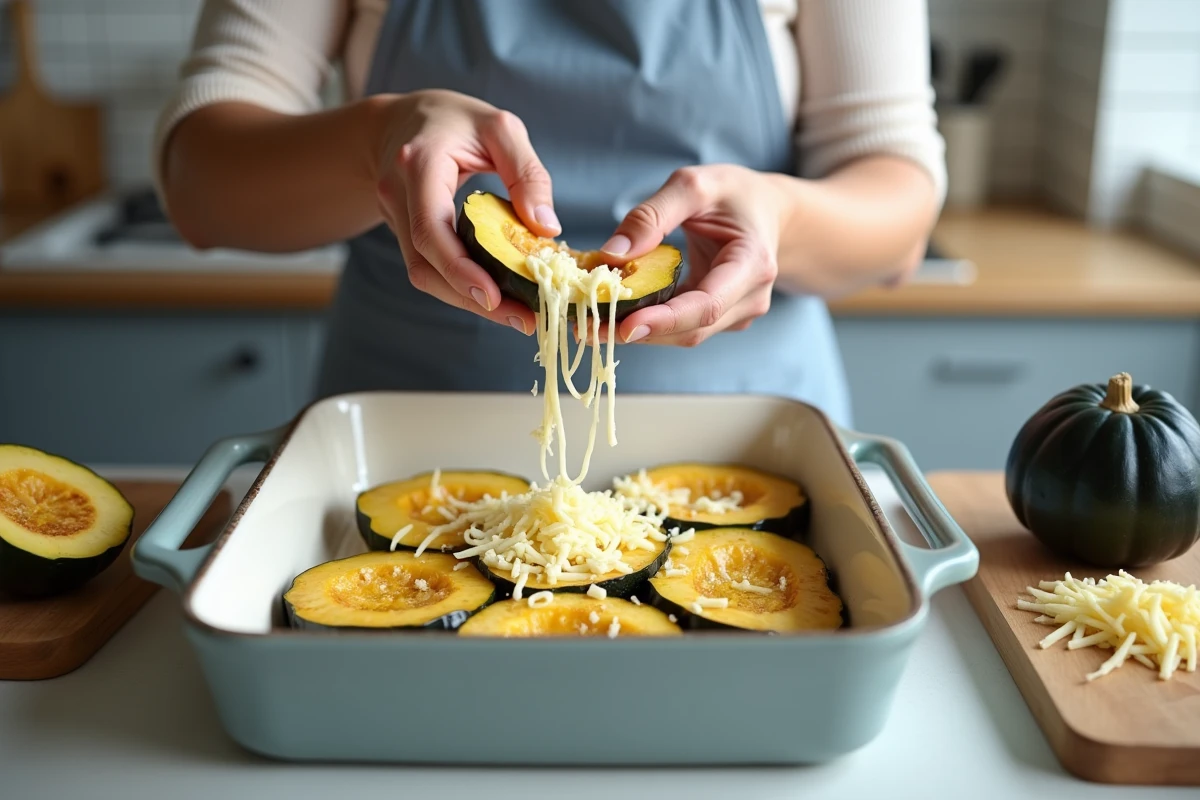 Préparation d'un gratin de courge bleu de Hongrie avec du fromage râpé dans un plat à gratin