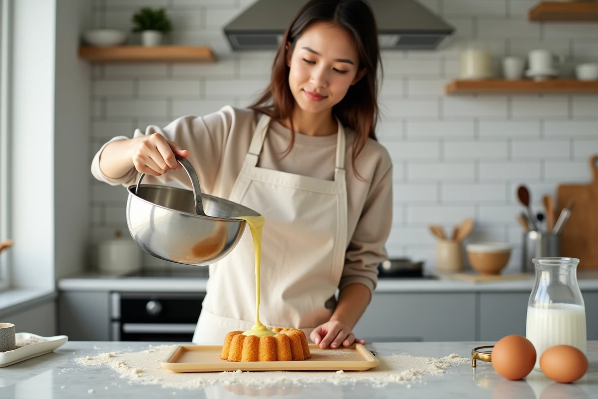 Femme versant la pâte à canelés dans un moule en silicone sur un plan de travail en marbre dans une cuisine moderne, recette pas à pas pour débutants