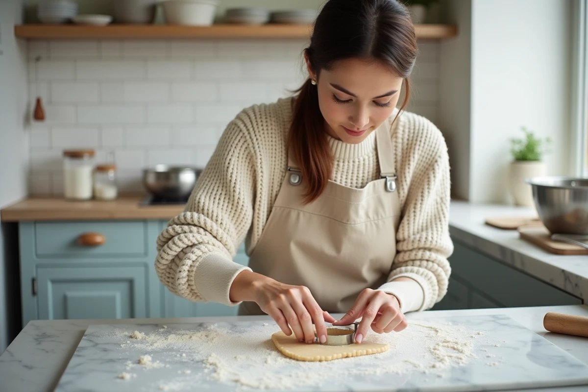 Femme préparant des sablés de Noël amande en découpant la pâte avec un emporte-pièce sur un plan de travail en marbre